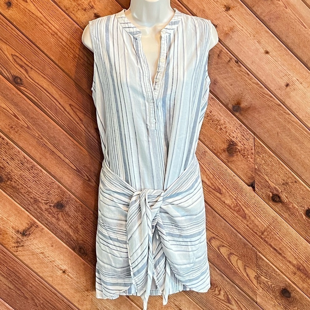 DREW Linen Striped Sleeveless Mini Dress Pullover Medium White Blue Anthro
